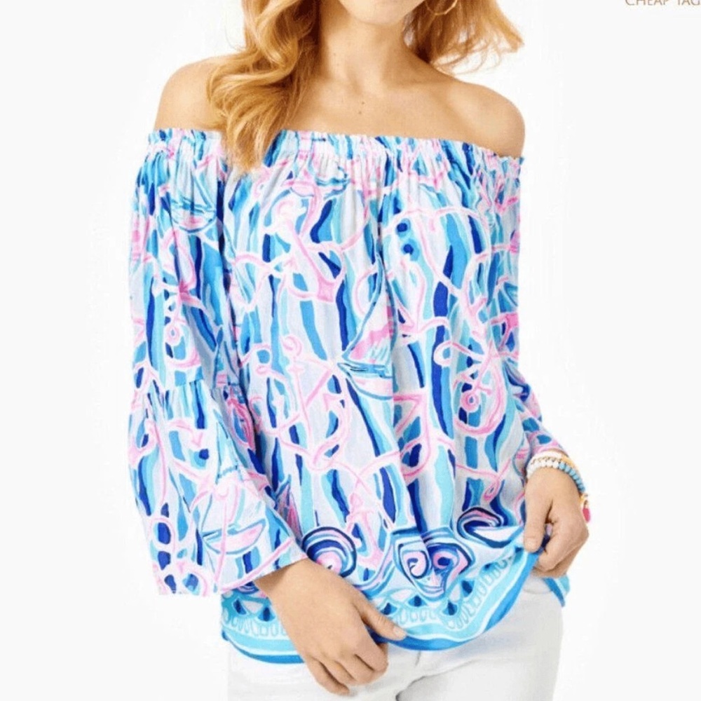 Lilly Pulitzer Blue and Pink Off-Shoulder Blouse